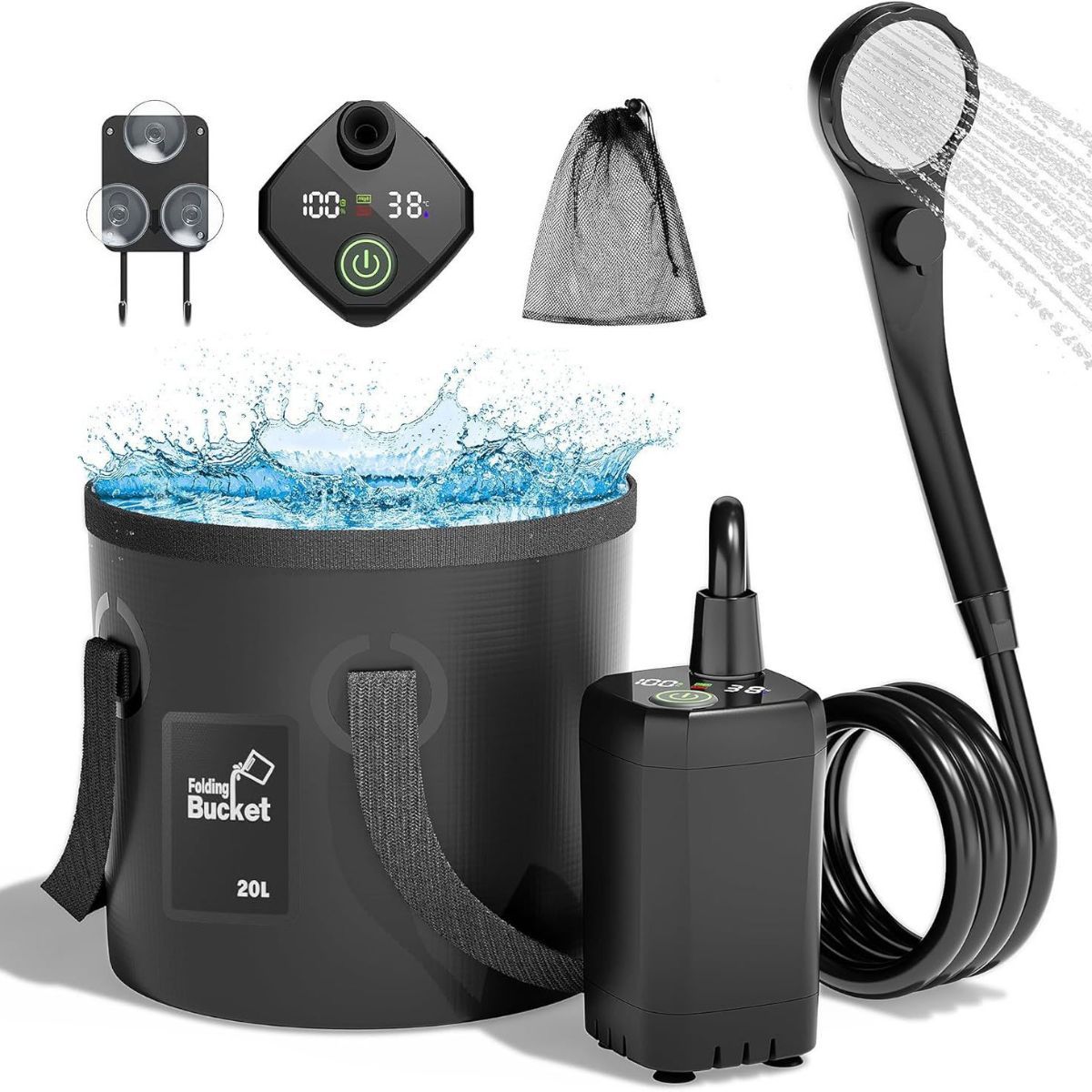 Portable Camping Shower, 6000mAh Rechargeable Outdoor Shower Pump 4 Spray Modes & Speeds, Ipx7 Waterproof, LED Display, Portable Shower for Camping, Car & Pet - Gray - Size 5.3-gallon bucket