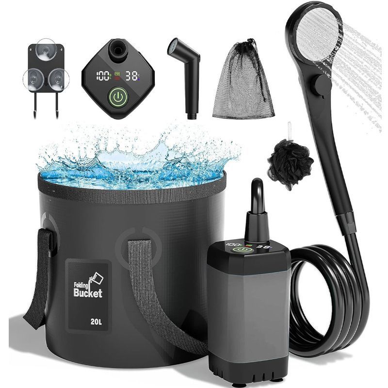 Portable Camping Shower, 6000mAh Rechargeable Outdoor Shower Pump 4 Spray Modes & Speeds, Ipx7 Waterproof, LED Display, Portable Shower for Camping, Car & Pet - Gray - Size 5.3-gallon bucket