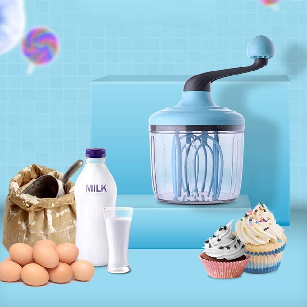 Hand-Crank Egg Beater with 4-Axis Stir Bar – Manual Kitchen Mixer for Whipping Cream, Eggs & Batter – Food-Grade Plastic & Stainless Steel Design (Blue)