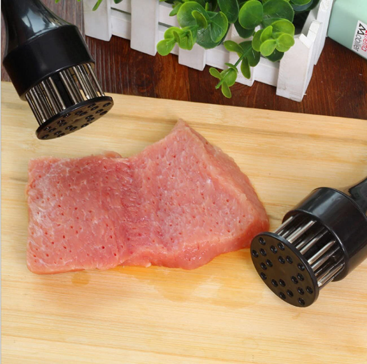 Meat Tenderizer Set with Stainless Steel Needles – 2-Piece Kitchen Tool for Marinating & Cooking Beef, Chicken, Pork, Fish (Black & White)