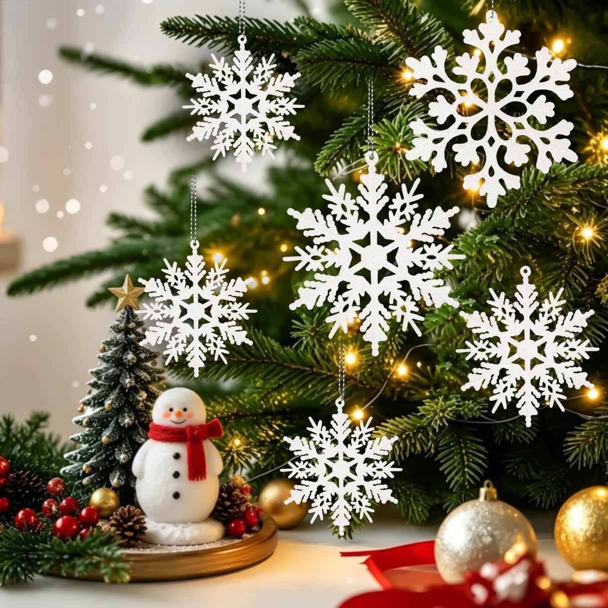 Sparkling Snowflake Ornaments for Christmas Tree, Window & Winter Holiday Party Decorations (Champagne)