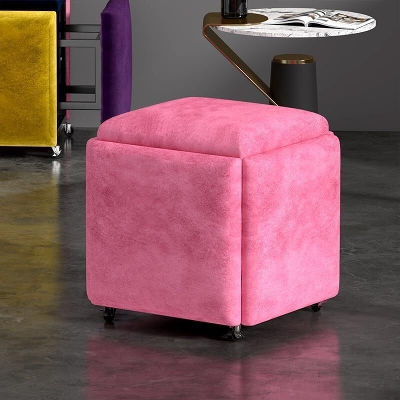 Stool, 5 in 1 Nesting Ottoman Stool with Swivel Casters Stackable Cube Square Sofa Vanity Movable Footstool for Living Room Bedroom(Purple)