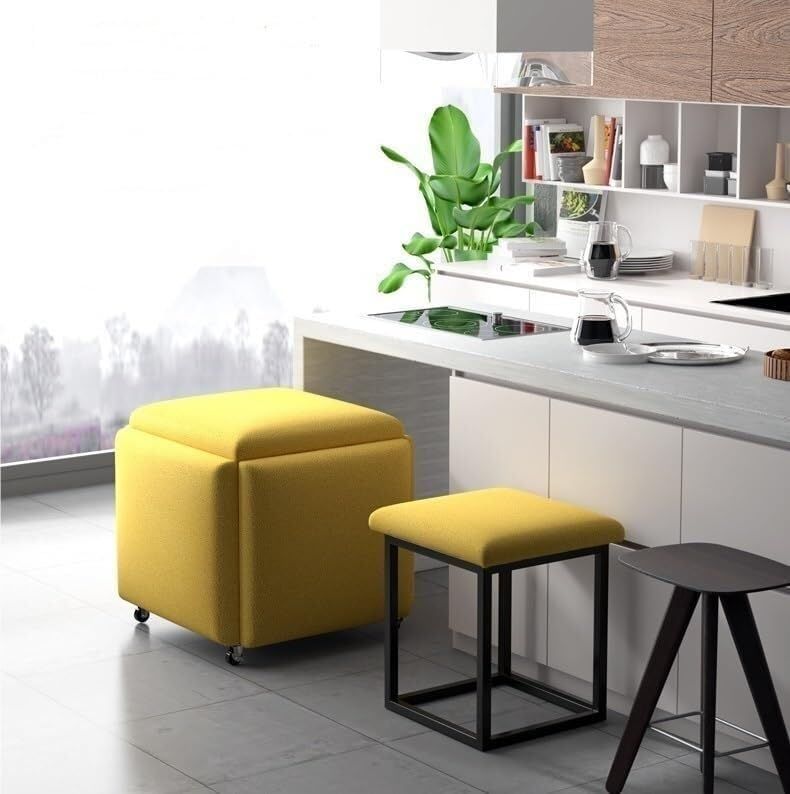 Stool, 5 in 1 Nesting Ottoman Stool with Swivel Casters Stackable Cube Square Sofa Vanity Movable Footstool for Living Room Bedroom(Dark Blue)
