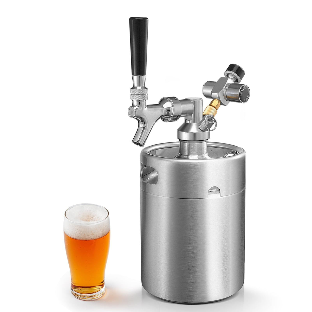 Mini Keg Growler Tap System, 64OZ Pressurized Stainless Steel Beer Keg
Durable Beer Dispenser System, with CO2 Regulator &Self-Closing Faucet, Portable, Keep Fresh, for Homebrew Draft Beer(silver)