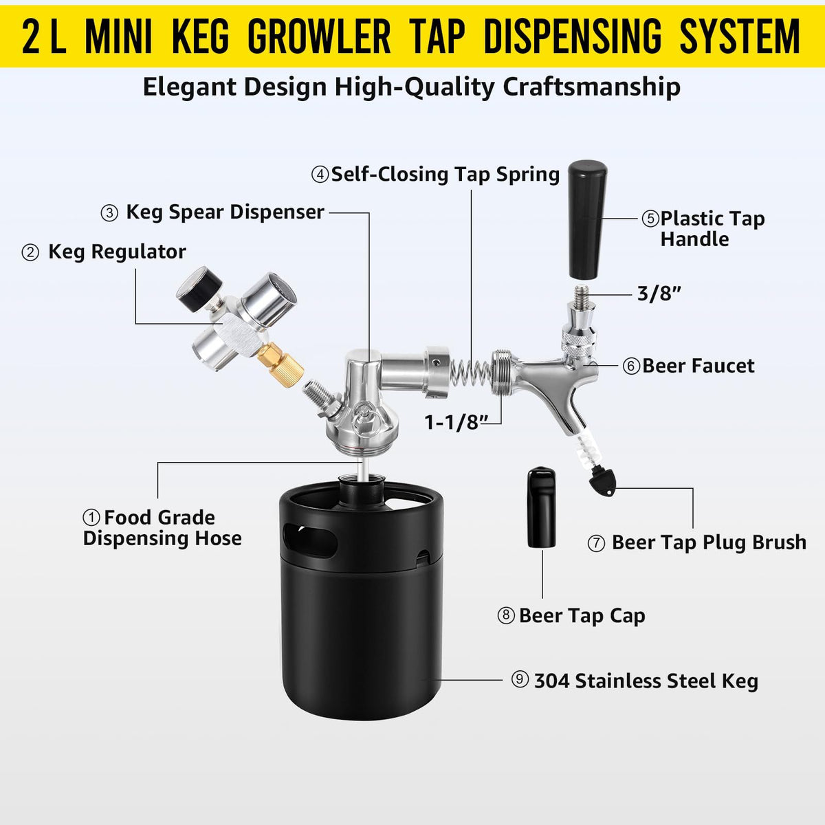 Mini Keg Growler Tap System, 64OZ Pressurized Stainless Steel Beer Keg
Durable Beer Dispenser System, with CO2 Regulator &Self-Closing Faucet, Portable, Keep Fresh, for Homebrew Draft Beer(silver)