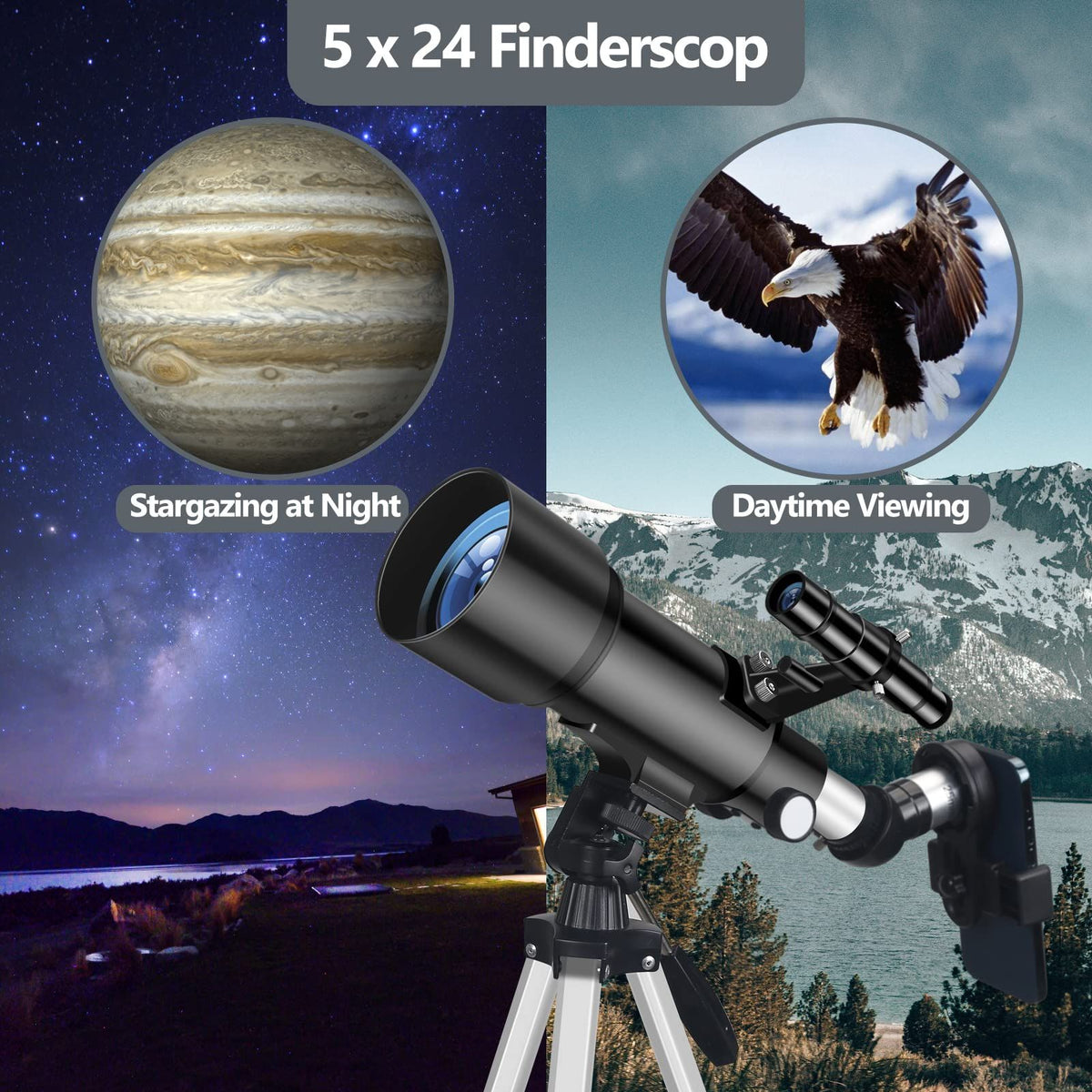 Telescope for Adult, 70mm Aperture 400mm Portable Telescope with Tripod, Finder Scope, Phone Adapter, Carrying Bag, Astronomical Refractors Telescopes for Kids Beginners Adults(Black)