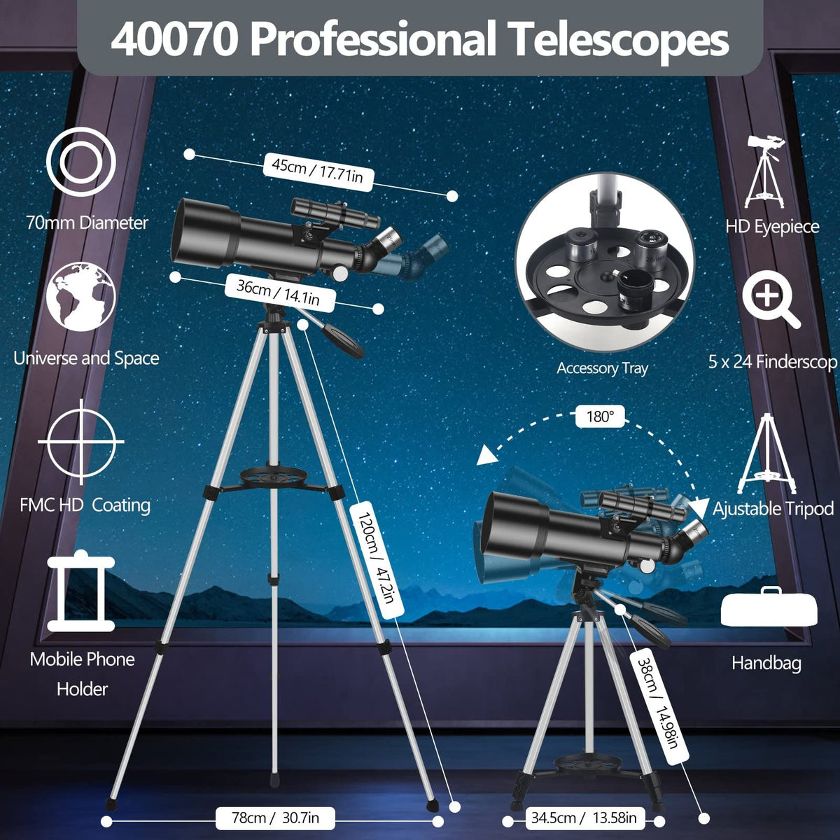 Telescope for Adult, 70mm Aperture 400mm Portable Telescope with Tripod, Finder Scope, Phone Adapter, Carrying Bag, Astronomical Refractors Telescopes for Kids Beginners Adults(Black)