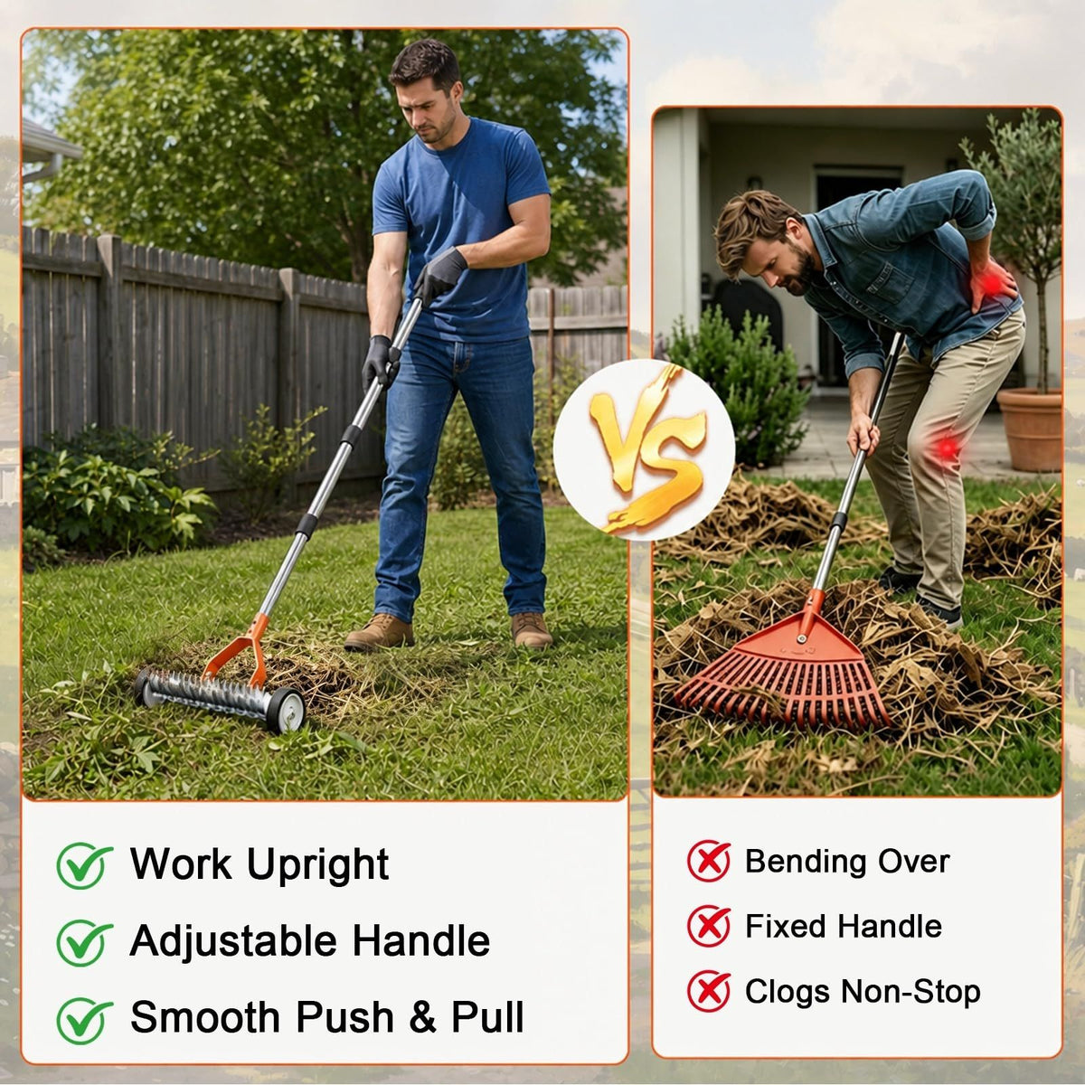15-Inch Thatch Rake with Rollers, Heavy-Duty Steel Dethatcher Rake for Lawn
0-15° Adjustable Angle | 38-68 Inch Handle,Dethatching Rake for Dead Grass Removal And Lawn Care,Loosening Soil(Orange)
