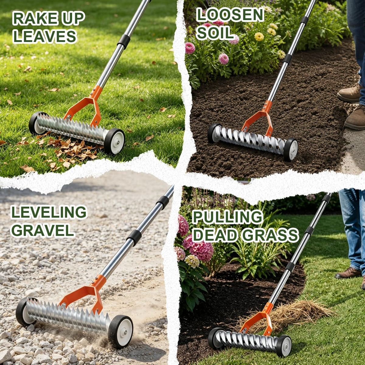 15-Inch Thatch Rake with Rollers, Heavy-Duty Steel Dethatcher Rake for Lawn
0-15° Adjustable Angle | 38-68 Inch Handle,Dethatching Rake for Dead Grass Removal And Lawn Care,Loosening Soil(Orange)