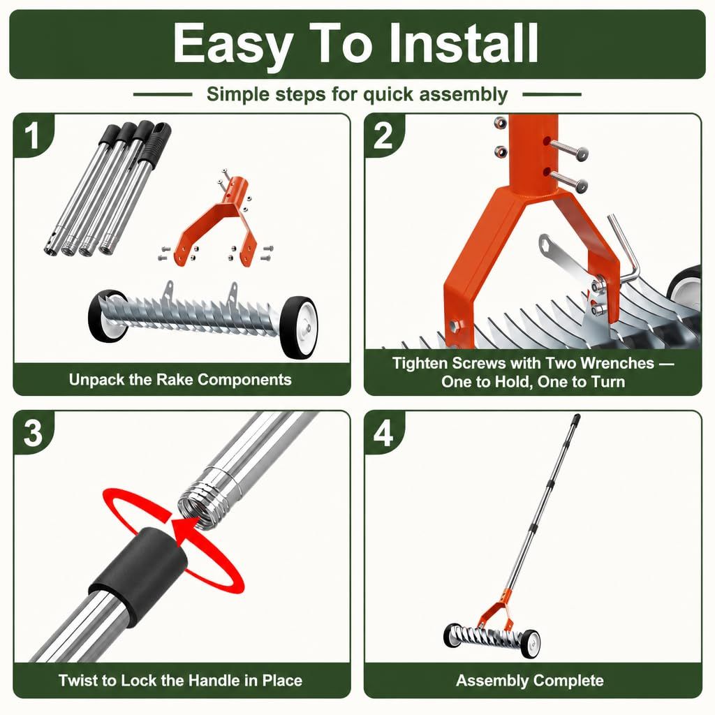 15-Inch Thatch Rake with Rollers, Heavy-Duty Steel Dethatcher Rake for Lawn
0-15° Adjustable Angle | 38-68 Inch Handle,Dethatching Rake for Dead Grass Removal And Lawn Care,Loosening Soil(Orange)