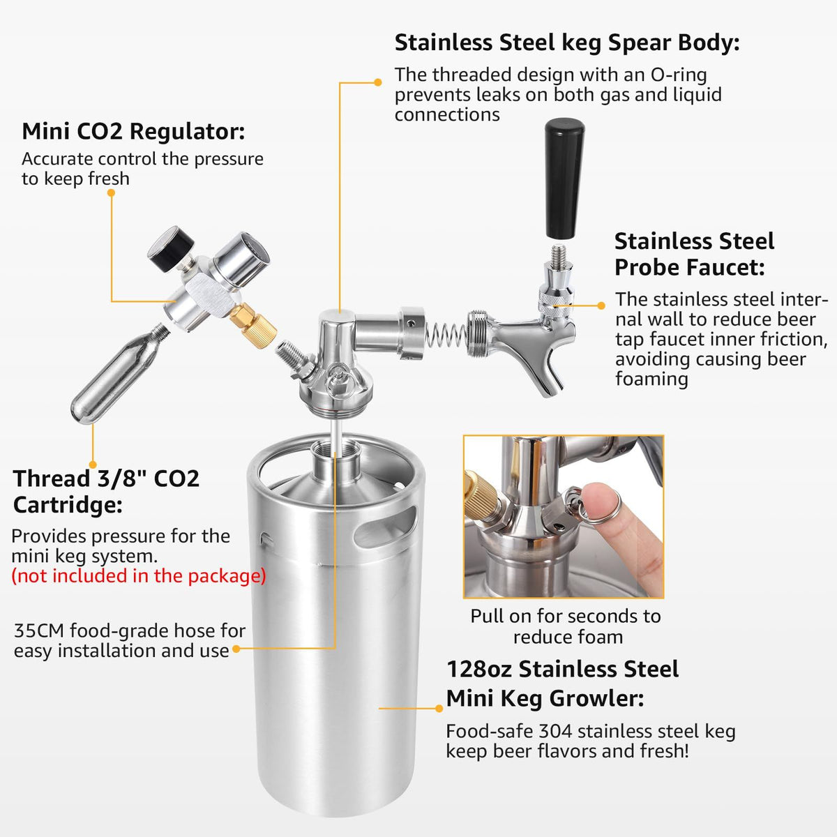 128oz Mini Keg Growler, Stainless Steel Portable Beer Keg Tap System
55PSI CO2 Pressure Growler Carbonation, Draft Beer Dispenser to Keep Fresh, Beer Tap System for Homebrew, Camping(Black)