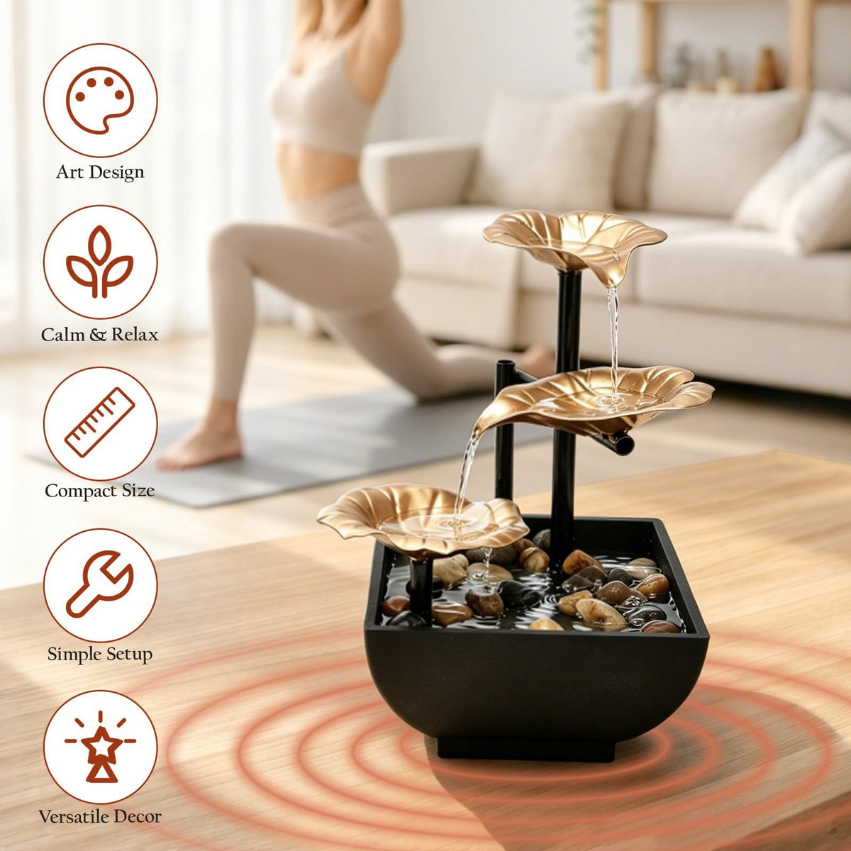 Table Top Water Fountain Indoor with Yellow Light for Home Office Decor
Indoor Water Fountains with Quiet Pump,Easy Plug-In Use,Zen Meditation Water Feature for Living Room Study Table(golden)