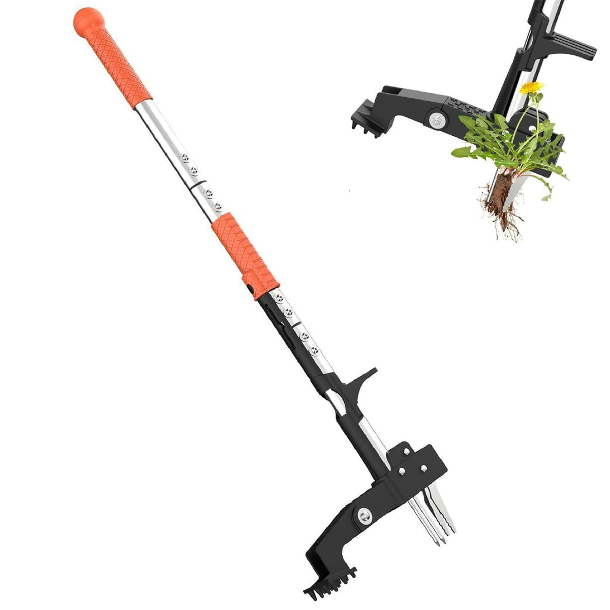 Weed Puller Tool, Gardening Stand Up Weeder Puller with 39.3" Ergonomic Long Handle and 4 Stainless Steel Claws, Heavy Duty Weed Remover Without Bending, Pulling or Kneeling(Orange)