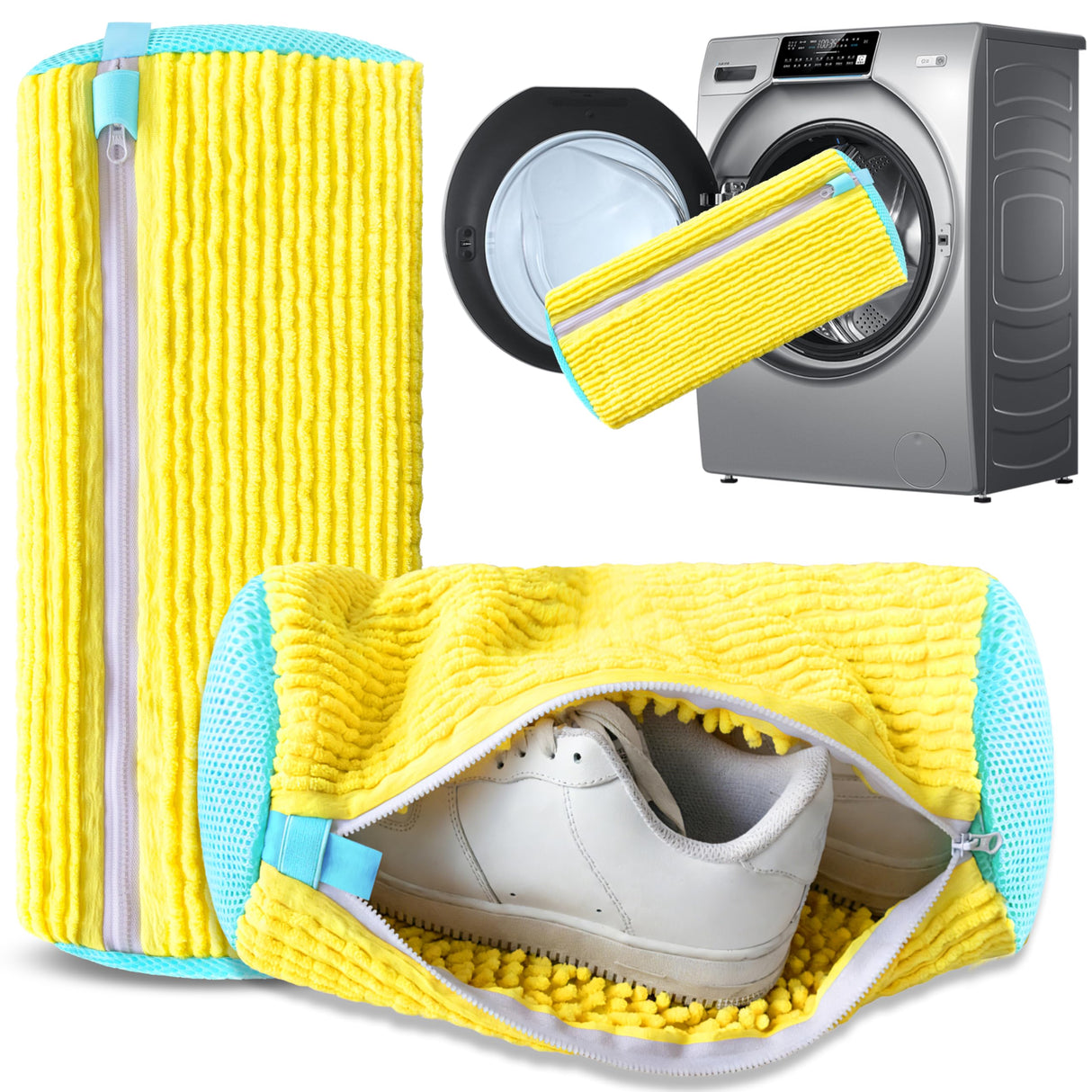 2-Pack Reusable Shoe Washing Machine Bag – White Protective Laundry Bag for All Shoes, Anti-Deformation & Deep Clean with Zipper Lock (Yellow)
