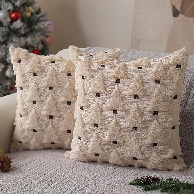 Christmas Pillow Covers 18x18 inch Set of 2 Black Christmas Decorations Soft Plush Faux Fur Wool Xmas Tree Throw Pillow Cases Winter Holiday Decor for Sofa Living Room