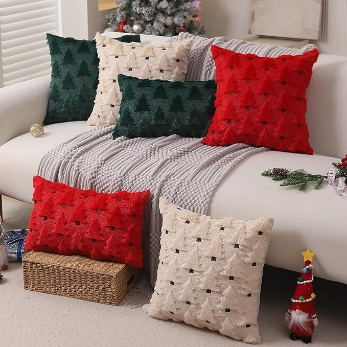 Christmas Pillow Covers 18x18 inch Set of 2 Black Christmas Decorations Soft Plush Faux Fur Wool Xmas Tree Throw Pillow Cases Winter Holiday Decor for Sofa Living Room