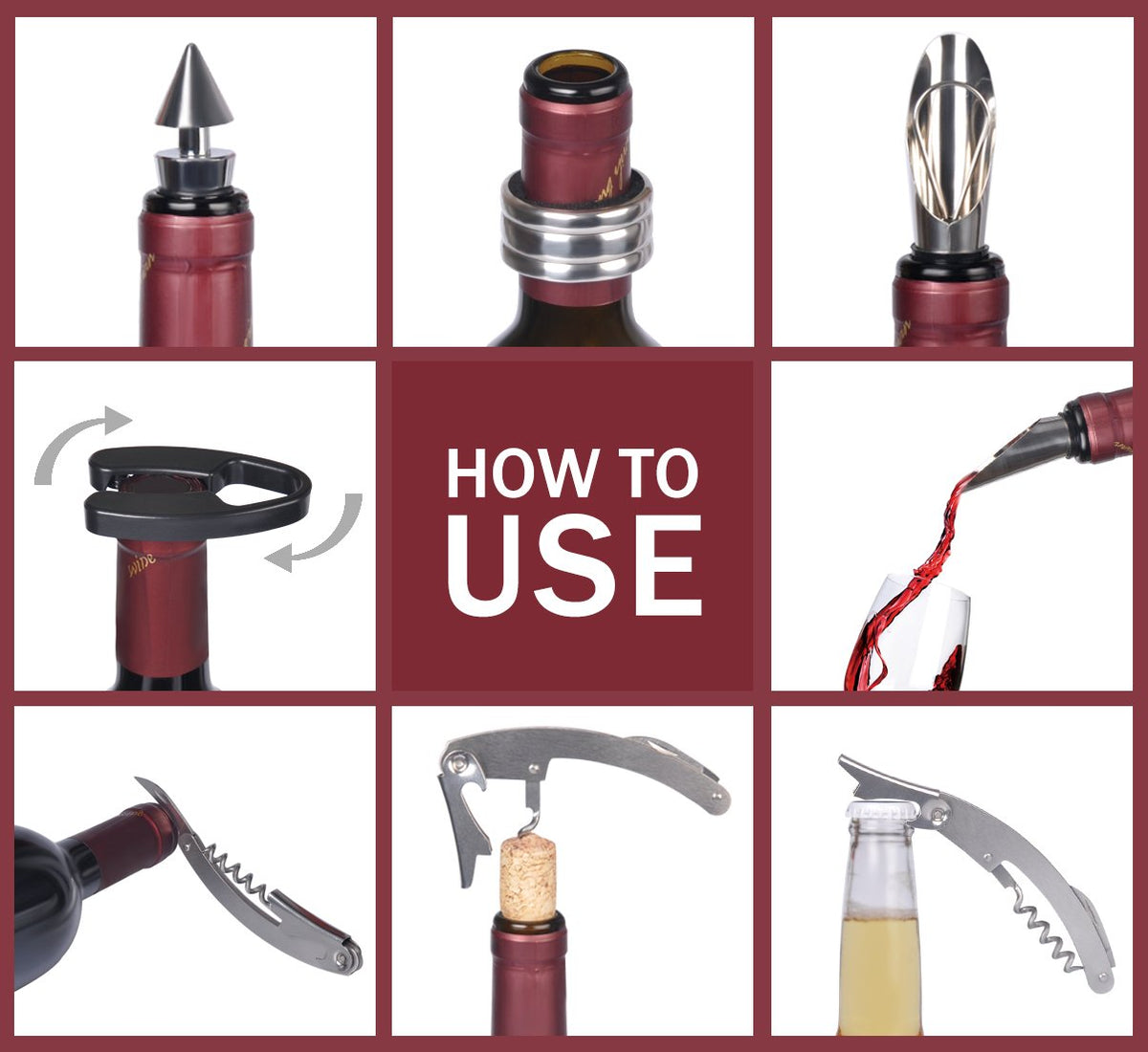 Wine Accessories Gift Set (Black), 5-Piece Bottle Corkscrew Opener Kit with Novelty Bottle-Shaped Case, Valentine's Day Gift for Wine Lovers