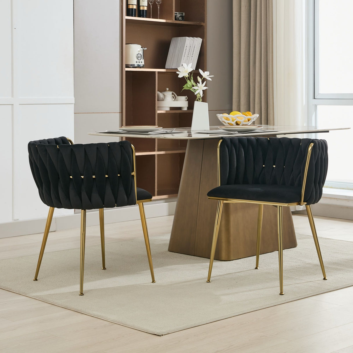 Set of 2 Velvet Upholstered Woven Dining Chairs with Golden Metal Legs, Black