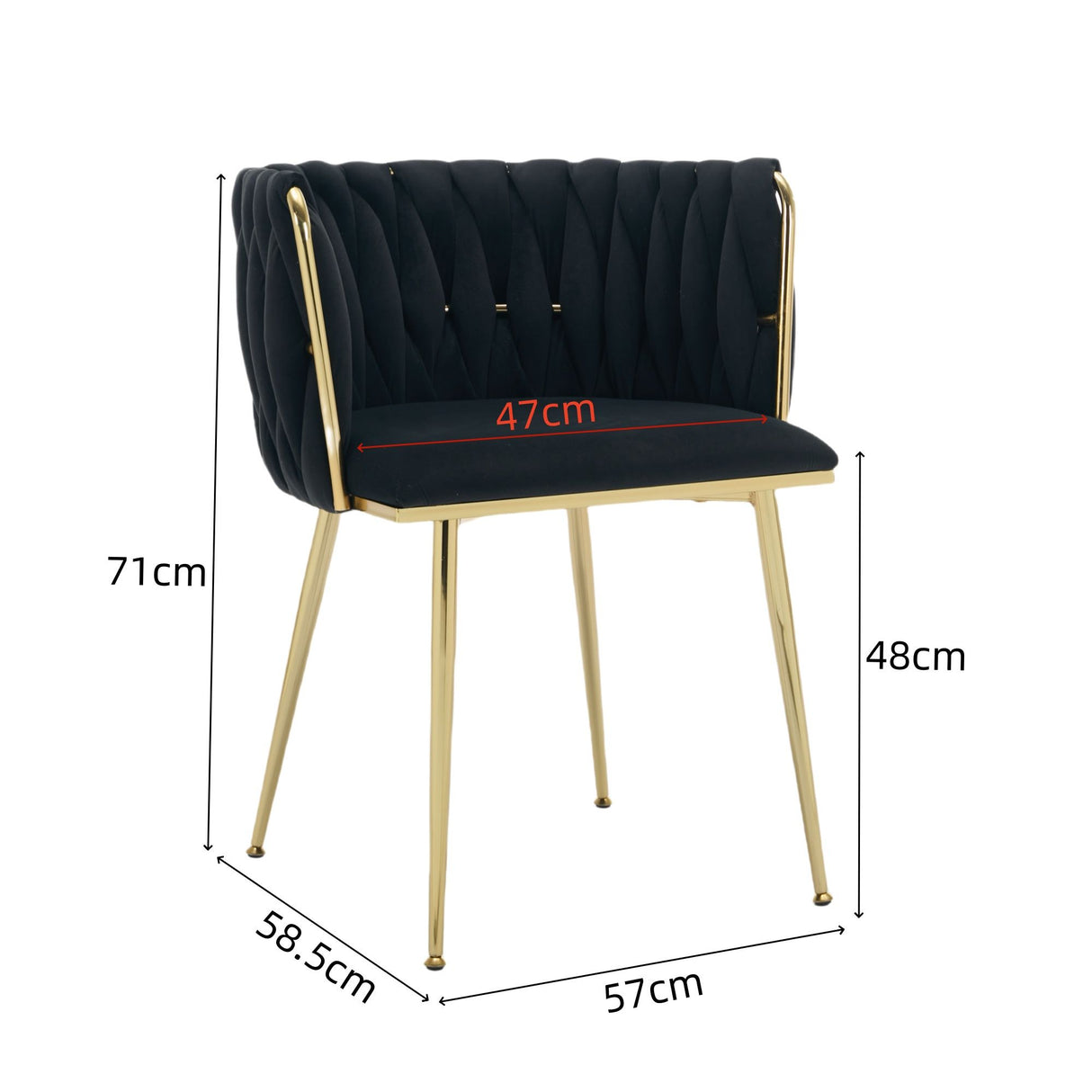Set of 2 Velvet Upholstered Woven Dining Chairs with Golden Metal Legs, Black
