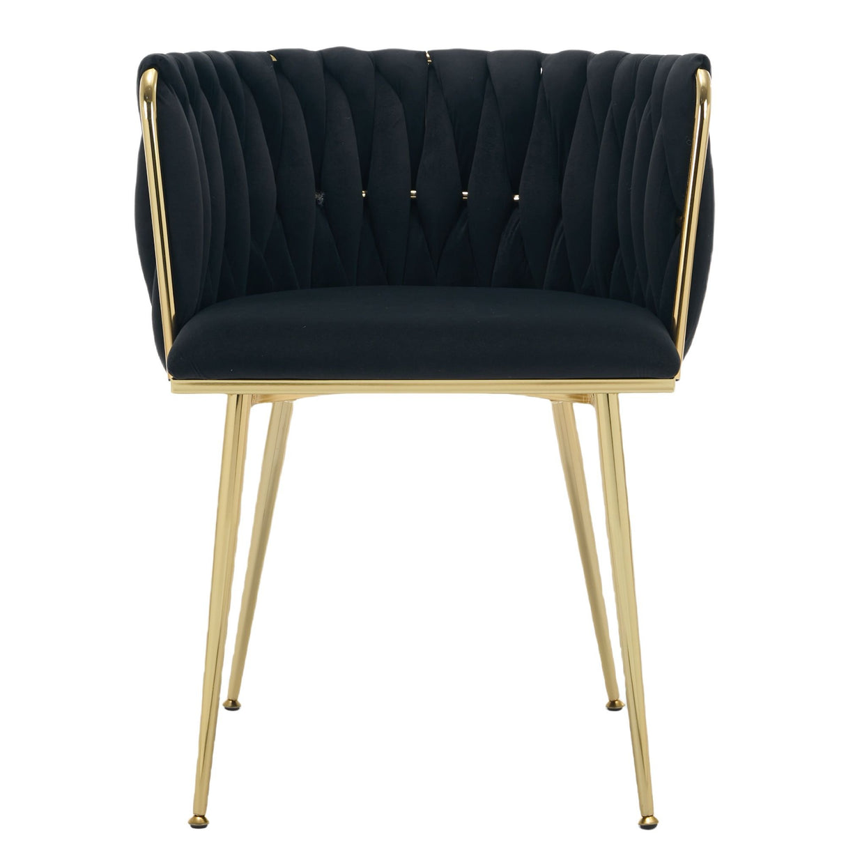 Set of 2 Velvet Upholstered Woven Dining Chairs with Golden Metal Legs, Black
