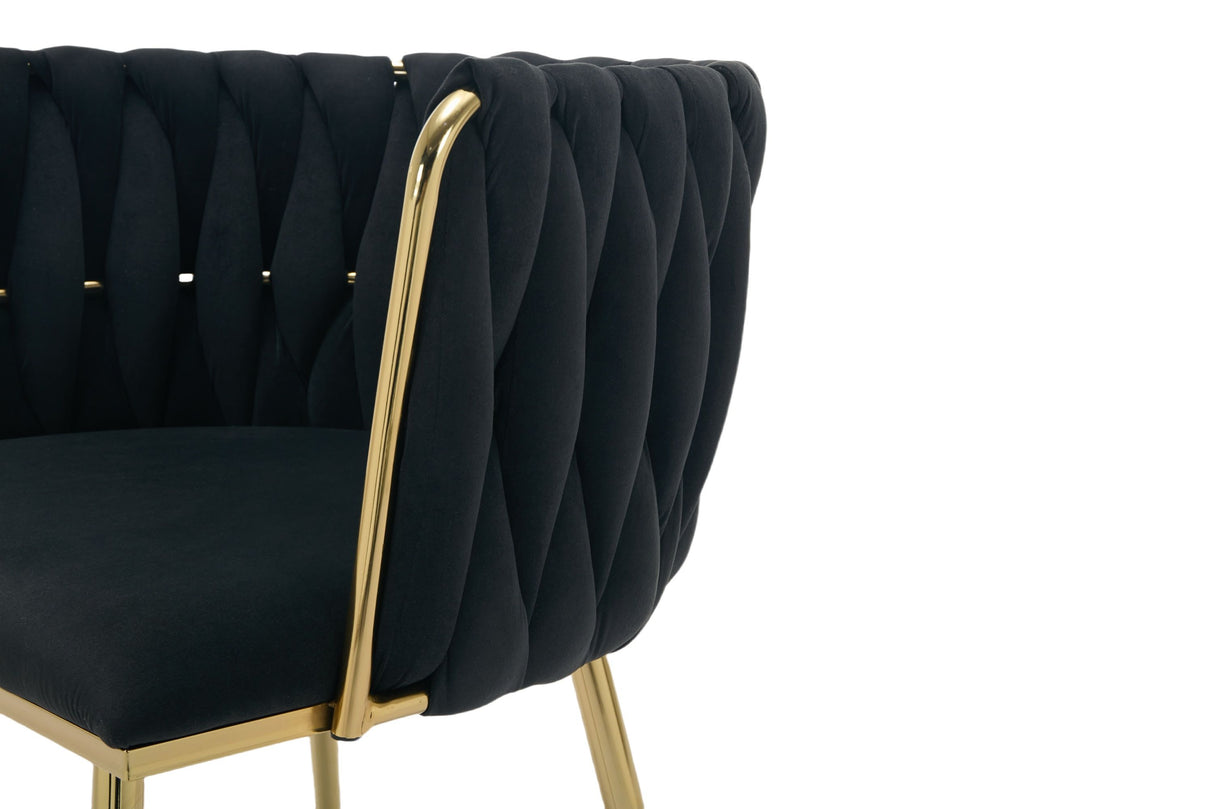 Set of 2 Velvet Upholstered Woven Dining Chairs with Golden Metal Legs, Black