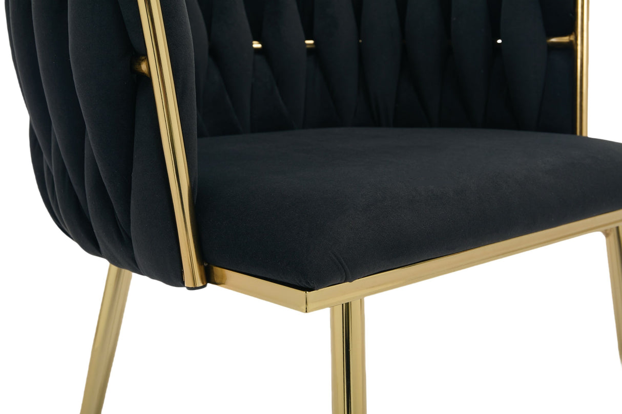 Set of 2 Velvet Upholstered Woven Dining Chairs with Golden Metal Legs, Black