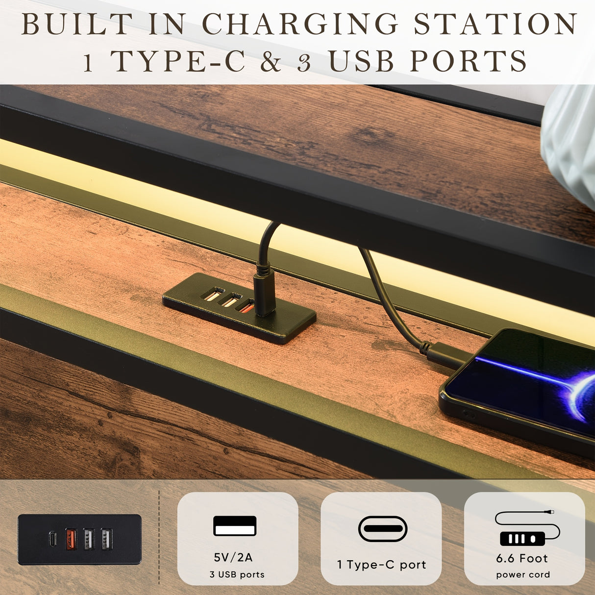 Gas Lift Bed Frame with Storage, Double Size Wooden Slats Platform Bed Frame with LED Lights and Charging Station, No Box Spring Needed, Noise Free, Rustic Brown