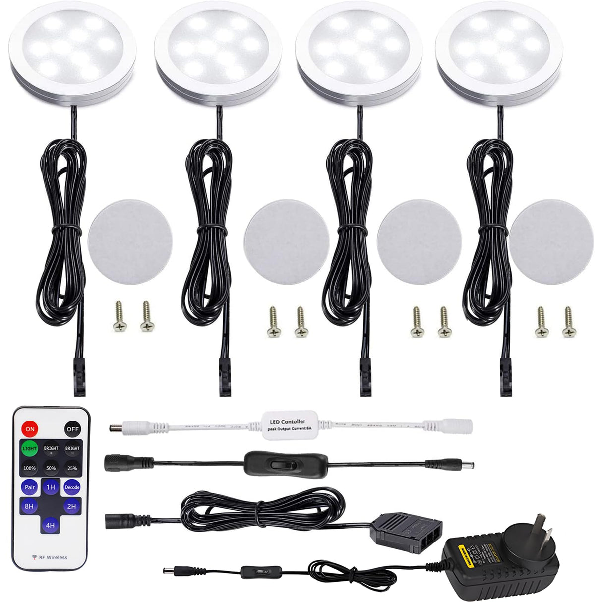 Dimmable & Timing Under Counter Lights Kitchen with Wireless RF Remote,Ultra-Thin 240V LED Cabinet Lights,12W Shelf Lights,4 Lights,Daylight White
