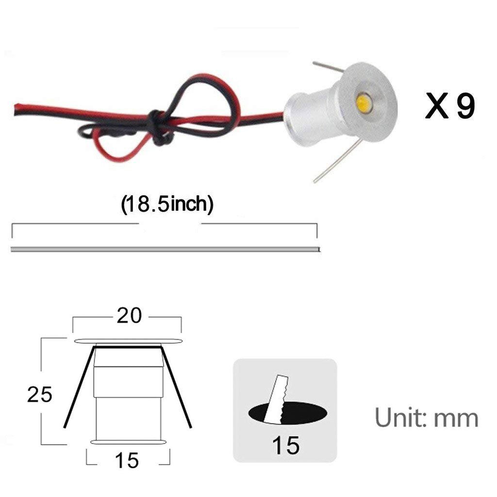 12V Under Cabinet LED Lights 9 Packs of Recessed Mini Downlights with Hardwired Cable and Connectors for Indoor Cupboard Bookshelf Stair Lighting (Cool White)