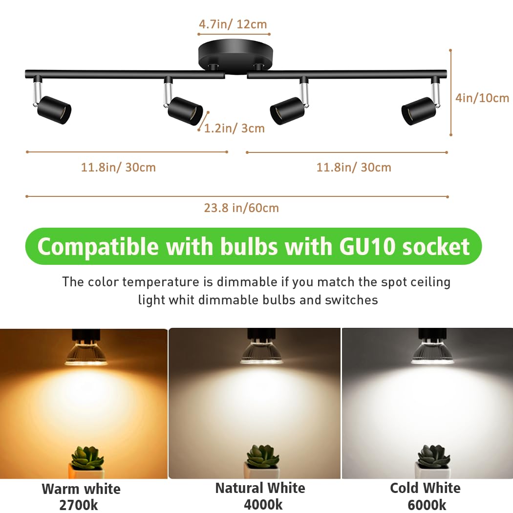 LED Ceiling Light,4 Way Rotatable Spot Lights for Ceiling,Flexible Ceiling Lights for Bedroom,Living Room, Black with Protectiv Bulb Trims(Gu10 Bulbs Not Included)