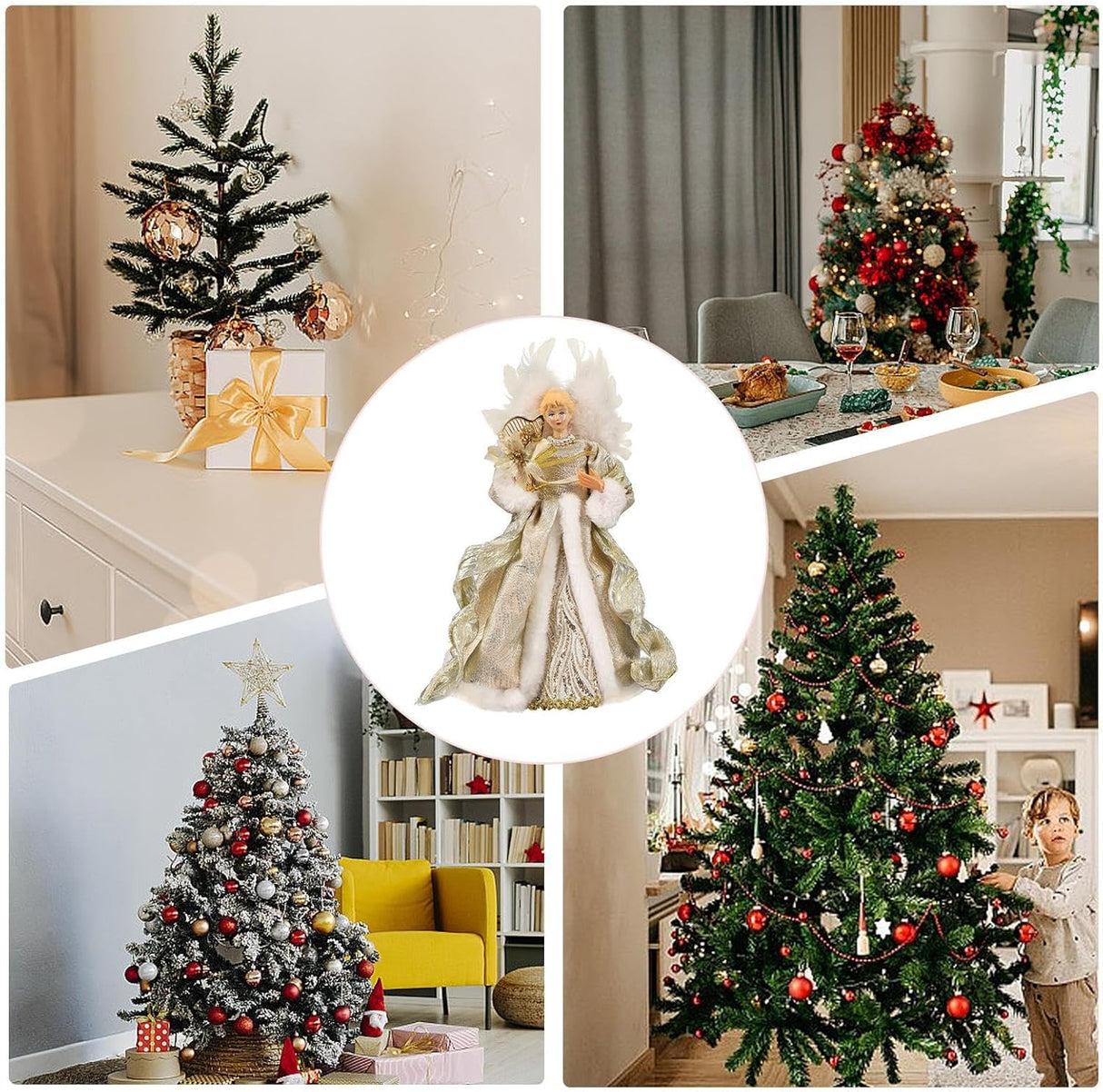 Christmas Tree Angel Topper with White Feather Wings Decorative Ornament