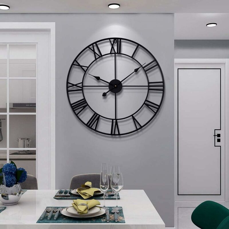 Large ROund Metal Wall Clock Vintage Style Silent Non Ticking Battery Operated 40Cm Black ROman Numeral Clocks For