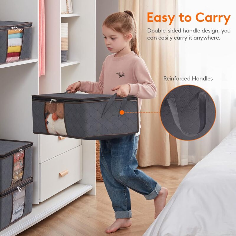 6 Pack 35L Clothes Storage Bag, Foldable Underbed Storage Box, Quilt Storage Cover Closet Organizer, Clear Window
