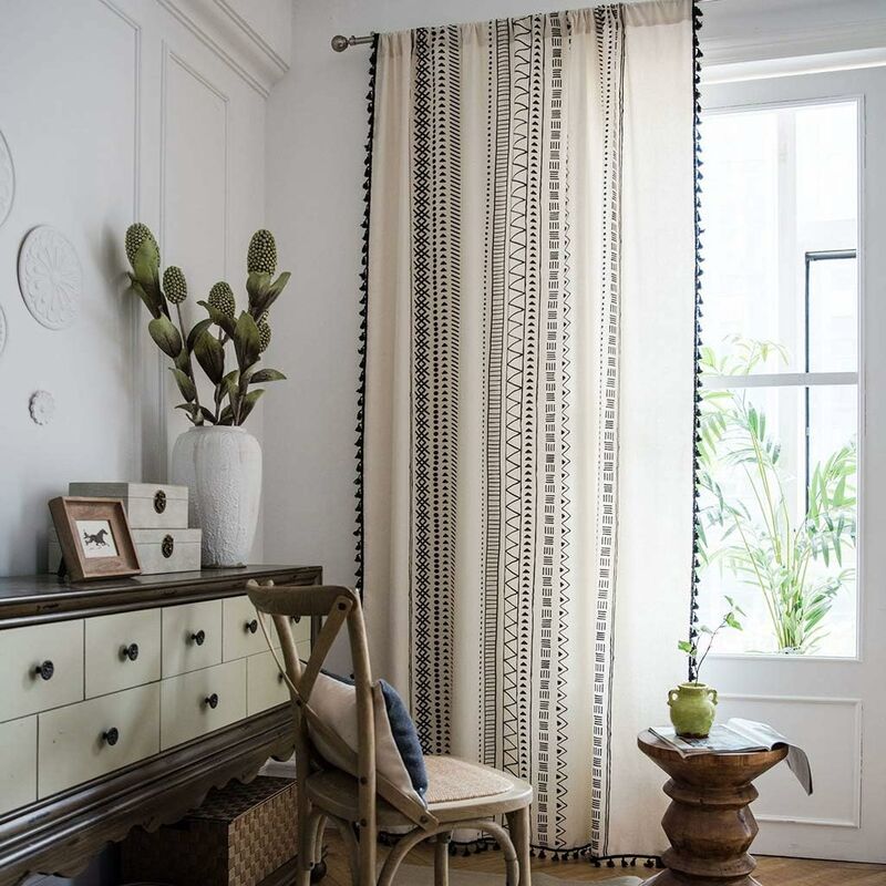 1 Panel Bohemian Curtains Cotton Linen Black Tassel Curtains For Living ROom Bedroom (White, 150 X 180 Cm)