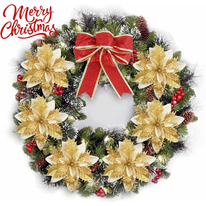 12 pcs Glitter Christmas Flowers (15Cm) With 12 pcs Artificial Poinsettia For Christmas Tree(Gold)