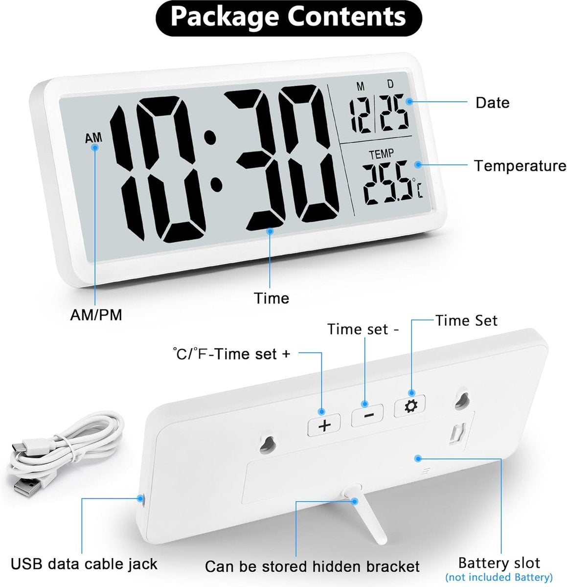 Battery-operated digital wall clock with large numbers, temperature display, 12/24 hour format for office, living room, bedroom, school