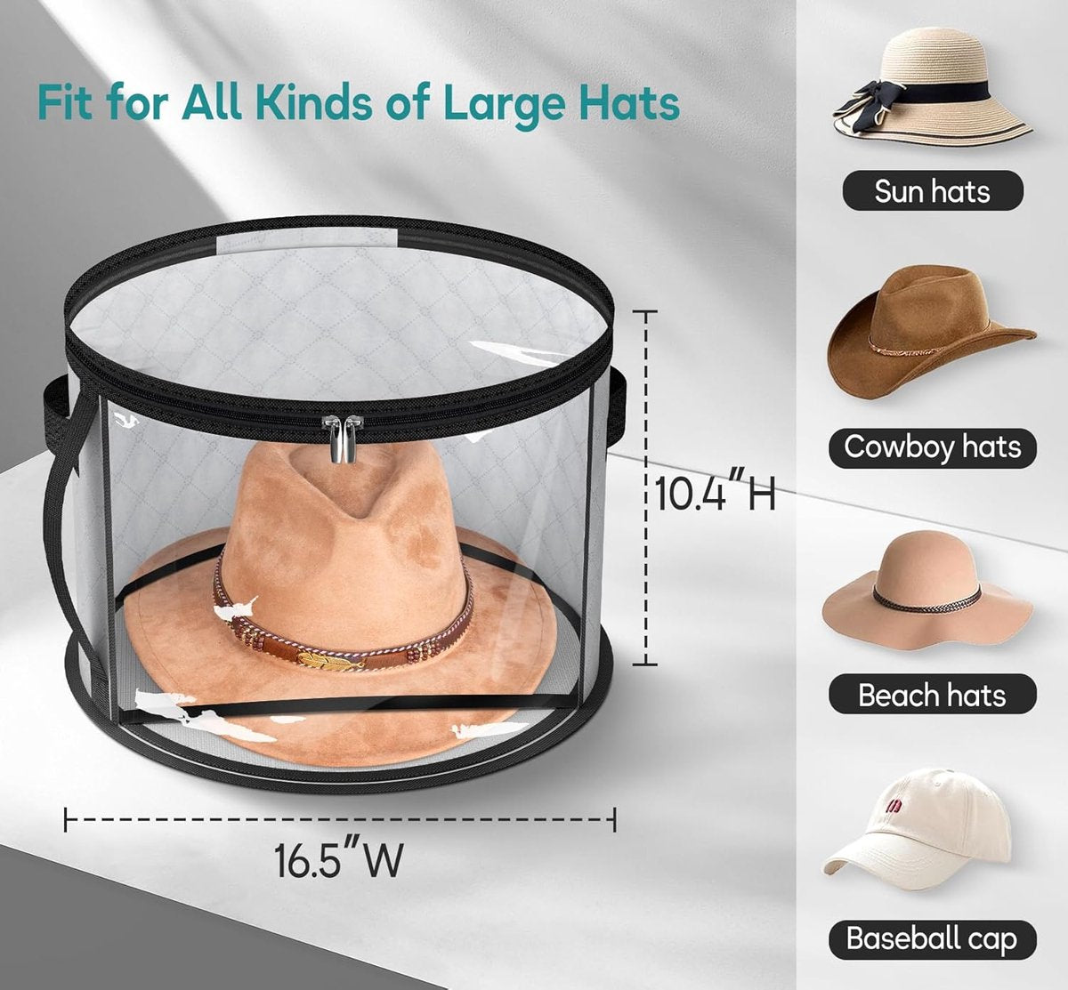 Storage Box - Extra Large Clear Hat Storage Bag - Holds up to 7 Hats - Cowboy Hat Wardrobe Storage Bag - Wide Brim Hat Box with Handle - (Grey)