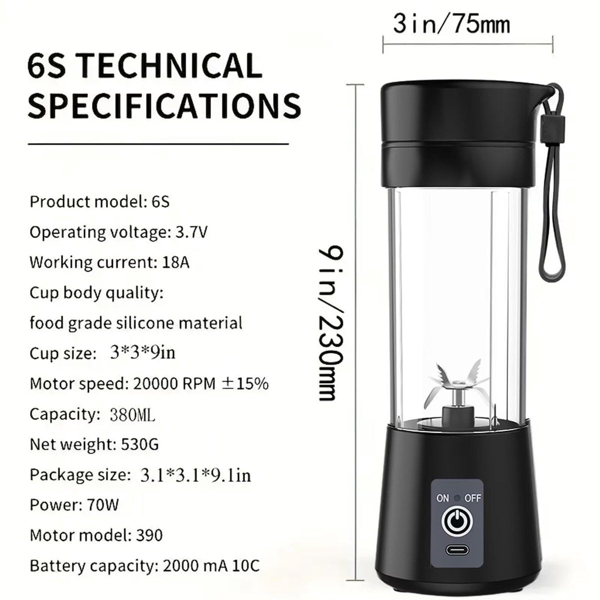 Blender - Mini blender - Smoothie maker - Rechargeable mini blender - Portable blender - Citrus press - Black