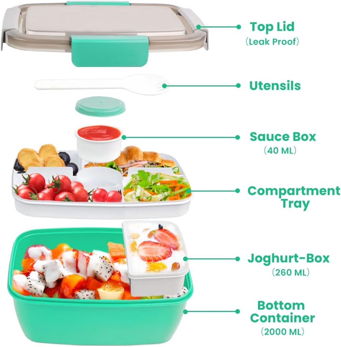 2000ml children's lunch box, adult lunch box with 4 compartments and soup container, salad box with dressing container, lunch box, salad container, microwave and dishwasher safe, BPA free