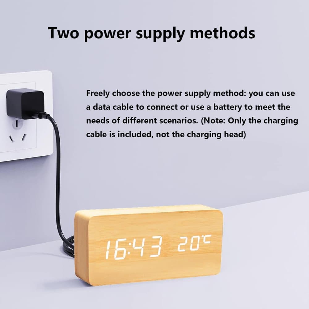 Brown Digital LED Alarm Clock with USB Charger, 12/24h LCD Display, Silent Wooden Design for Bedrooms and Travel