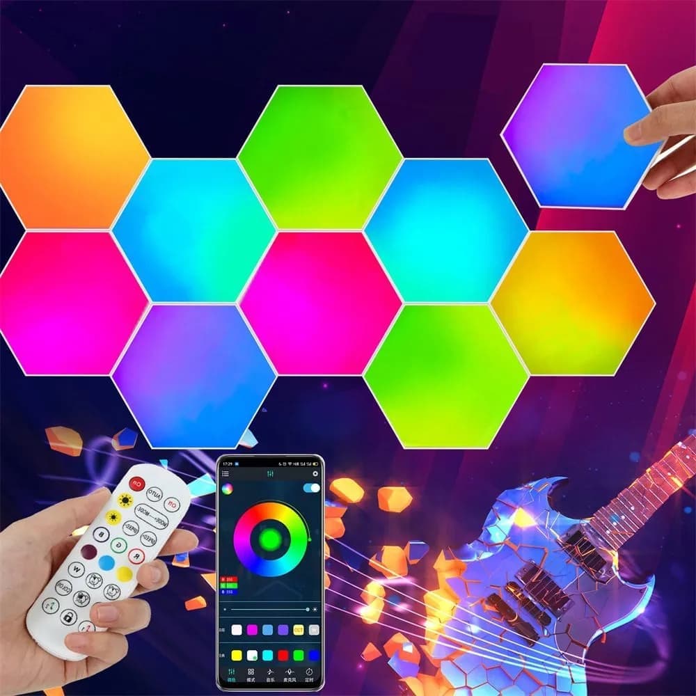 6 RGB Hexagon LED Wall Lamps with App Control, 16.5x14.5cm