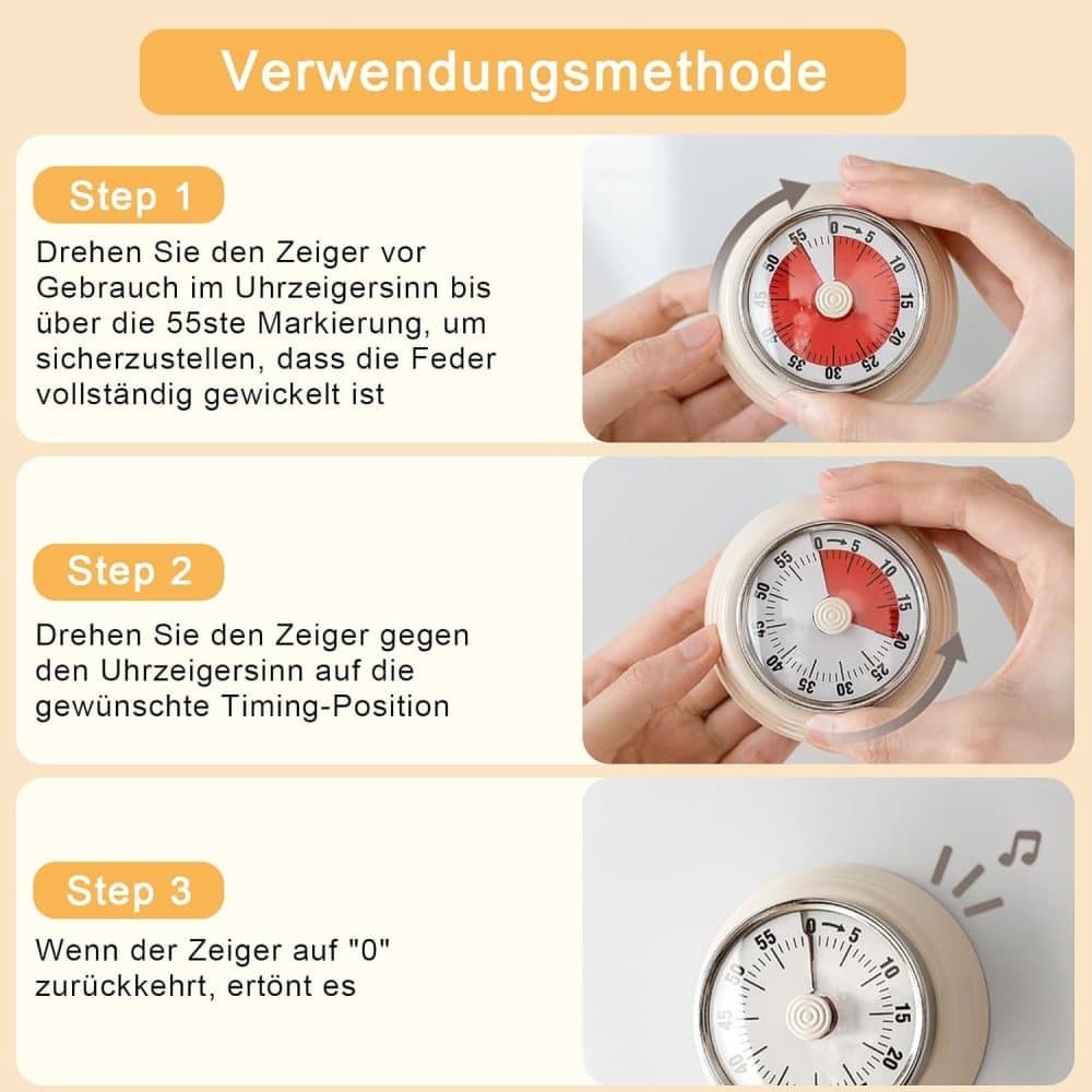 60 Minute Mechanical Kitchen Timer with Magnet, Stainless Steel Yellow, 3.6 x 7.3cm