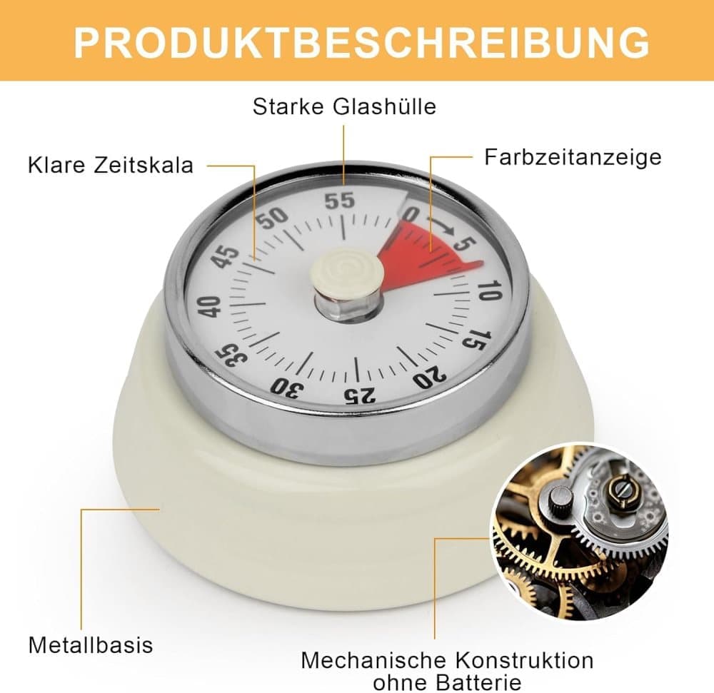 60 Minute Mechanical Kitchen Timer with Magnet, Stainless Steel Yellow, 3.6 x 7.3cm