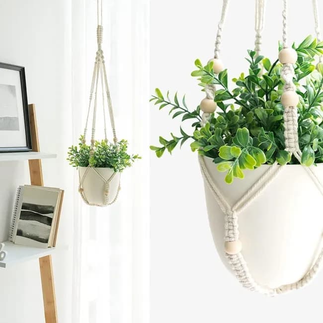 3 pcs Bohemian Plant Hanger for Indoor Plants with Braided Rope Beads and Lace Decoration, 35 Inch, White