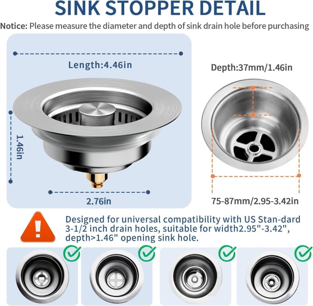 3-in-1 Stainless Steel Sink Strainer with Removable Basket, Easy to Clean Kitchen Strainer