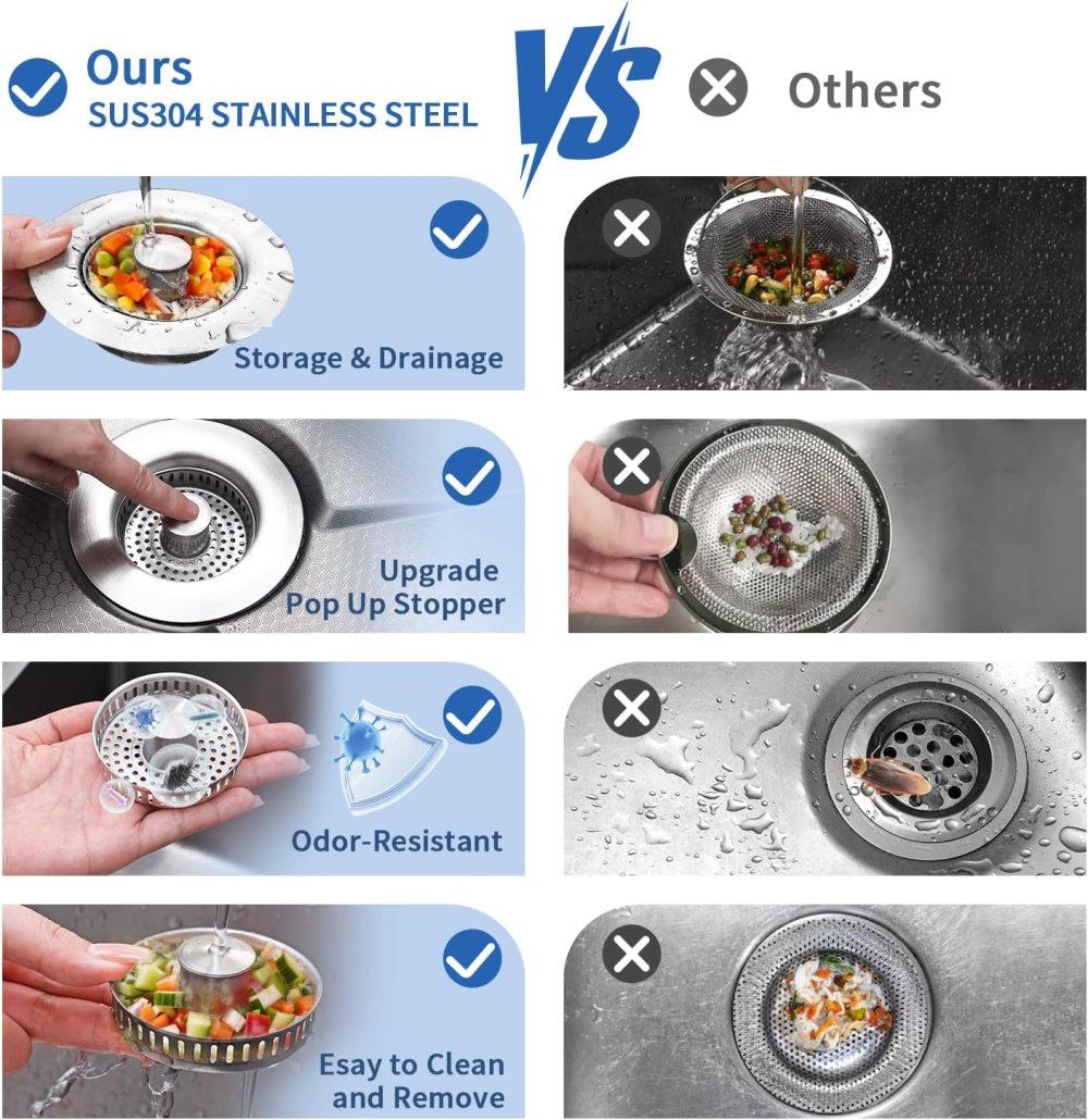 3-in-1 Stainless Steel Sink Strainer with Removable Basket, Easy to Clean Kitchen Strainer