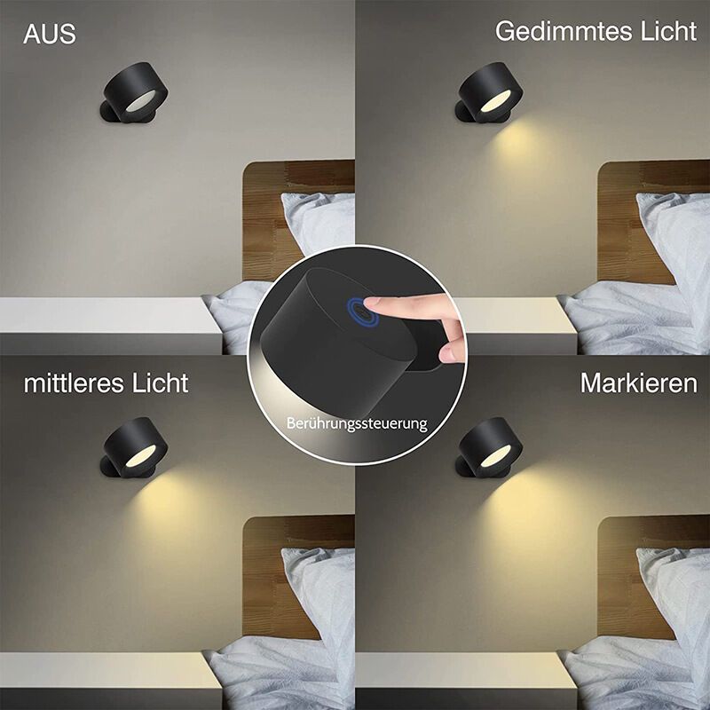 Touch LED Wall Lamp with USB Port 3 Brightness Levels 360 Degree Rotatable Black