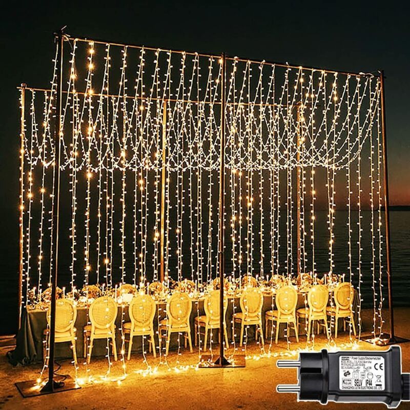 600 LED Waterproof Curtain Fairy Lights 8 Modes Warm White, 6 x 3 m