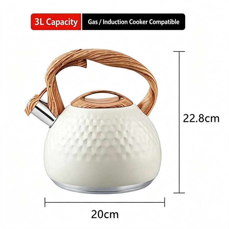 3L Hammered Stainless Steel Whistling Stovetop Kettle, Wood Grain Heat Insulated Handle, Universal for Gas & Induction Cooker, Large Capacity Water Boiler for Home Kitchen Daily Use()()
