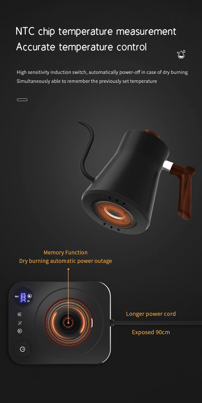 Gooseneck Electric Kettle - 0.9L - With Temperature Control - Stainless Steel 304 - Ultra-Silent - Black